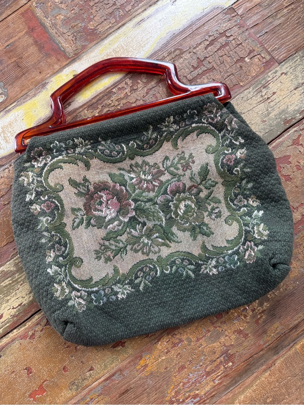 Vintage Floral Green Woven Tapestry Handbag Amber Lucite Handle Spring Purse - Picture 3 of 5